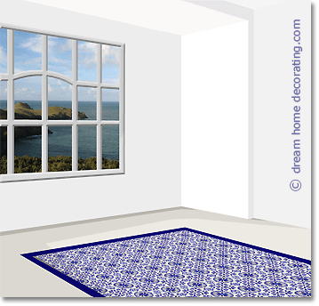 white room with blue/white floor tiles