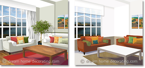 2 versions of a red-green living room color scheme