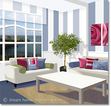 living room color scheme in pink, blue & white