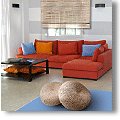 living room with orange sofas