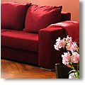 red couch and pink flowers