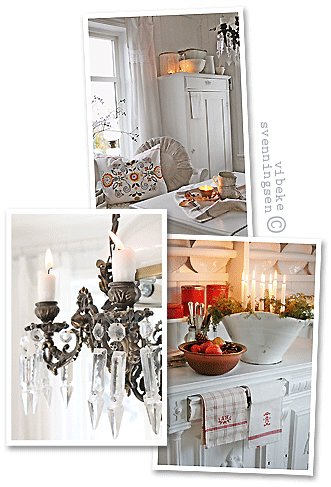 antique chandelier and candlelight in a Norwegian country cottage