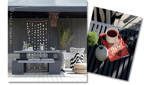 Contemporary Norwegian decorating: garden patio with furniture, plants and wall hangings