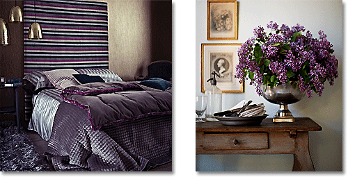Bedroom in deep purple and antique gold colors
