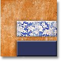 Deep ochre and blue/white patterned swatch
