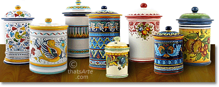 Collection of majolica canisters from Tuscany