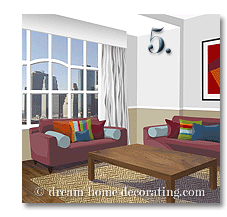 living room illustration in grey, brown and red