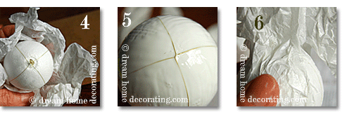 gluing white tissue paper over a styrofoam Christmas ornament