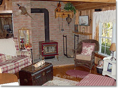 Wood-burning stove and overstuffed loveseat