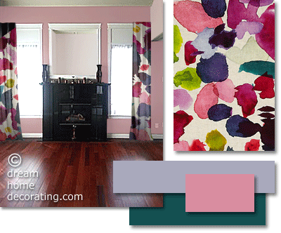 Contemporary curtain in vivid colors against pink walls and a cherry wood floor