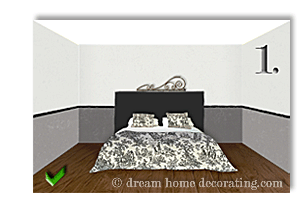 bedroom illustration with black and white toile bedding