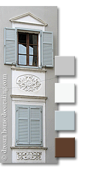pale blue, white and dark brown exterior paint color combinations for windows & walls