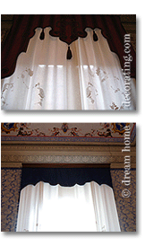white cotton curtains and velvet pelmets in a Tuscan palazzo