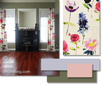 floral print curtains with green walls and a cherry wood floor